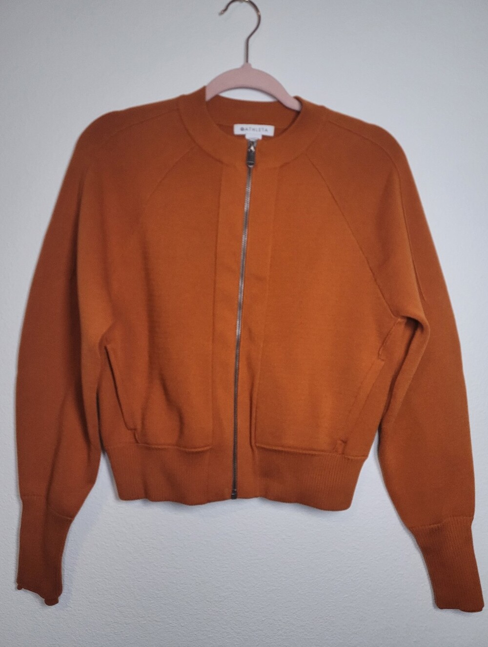 Athleta Sequoia Zip Sweater XS Orange Rust Knit Bomber Jacket Athleisure Travel